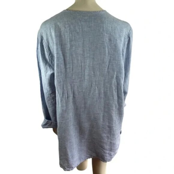 FLAX 100% Linen Laghenlook Blue Chambray Buttondown Shirt L - Picture 2 of 6